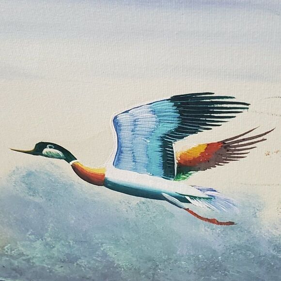 ORIGINAL VINTAGE LARGE UNSIGNED OIL ON CANVAS MALLARD DUCKS FLYING ON POND 48X36 - Picture 6 of 7